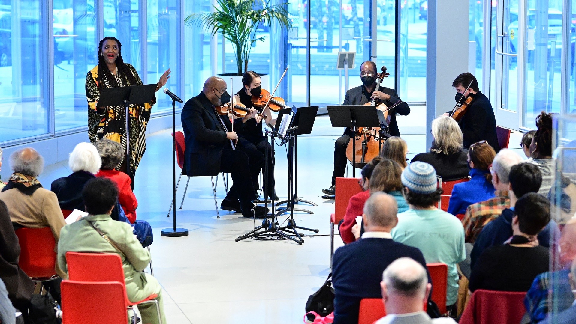 Jazz quintet performs in Atrium to an audience