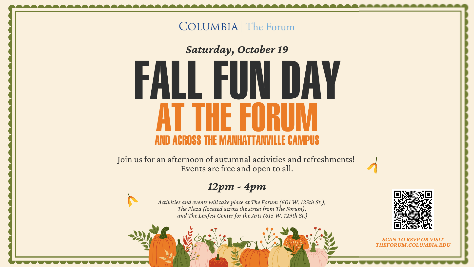 Flyer for Fall Fun Day at The Forum on October 19 from 12 to 4pm