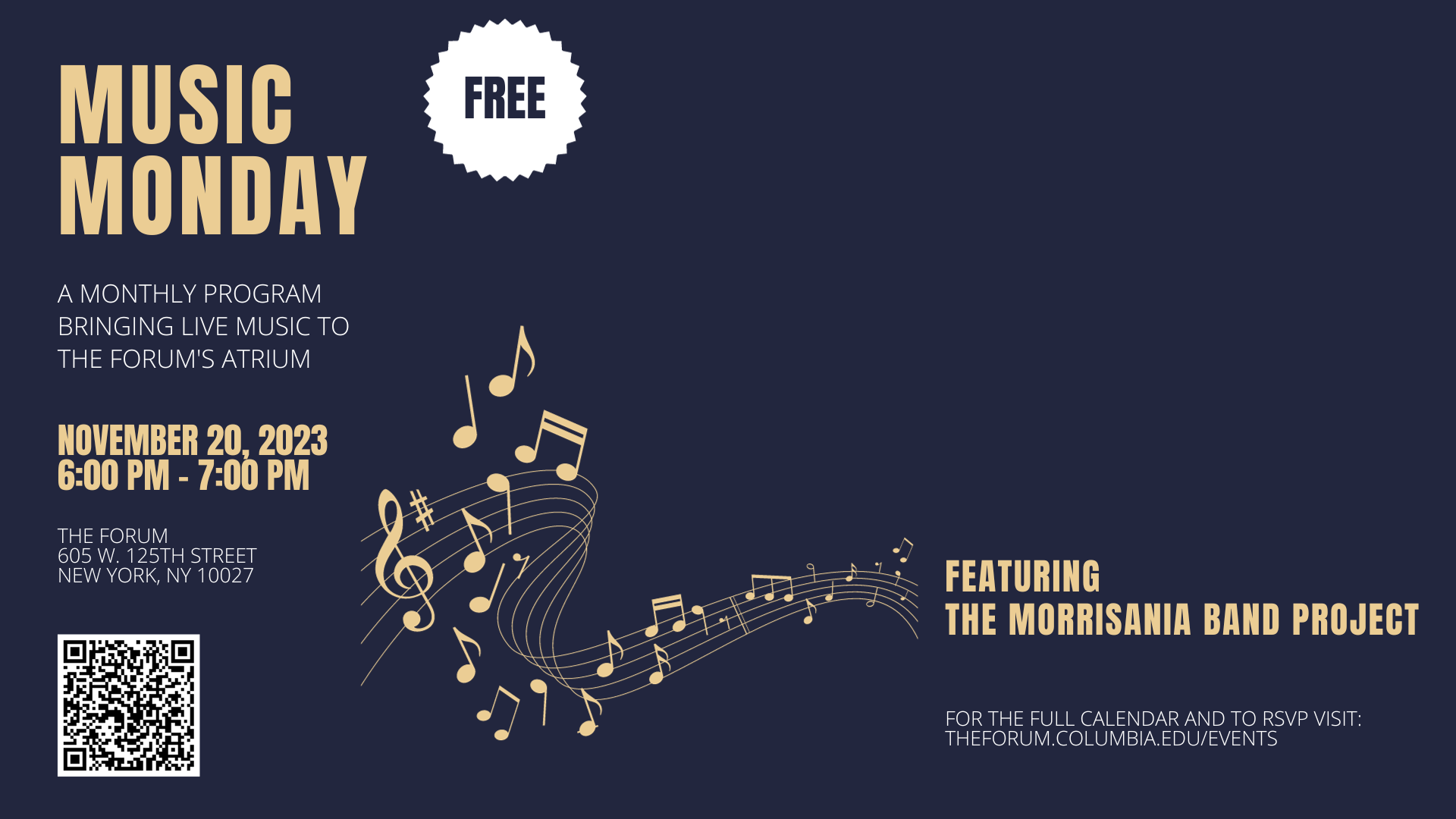 Music Monday flyer for November 20 event with Morrisania Band Project