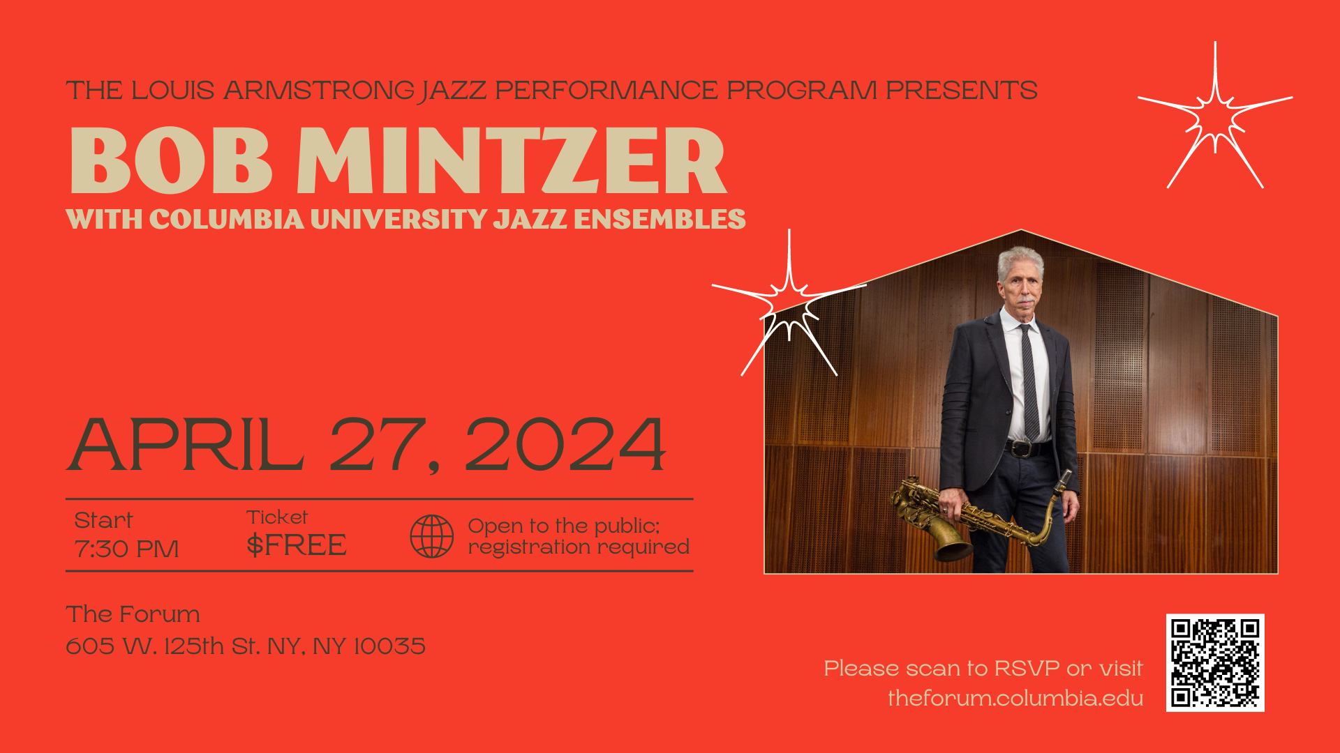 Flyer for concert with Bob Mintzer at The Forum on April 27 at 7:30pm