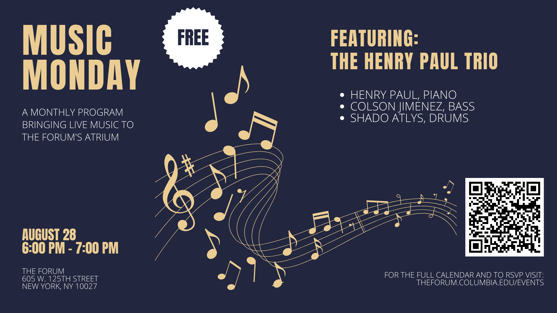 Music Monday flyer promoting the Henry Paul Trio on August 28