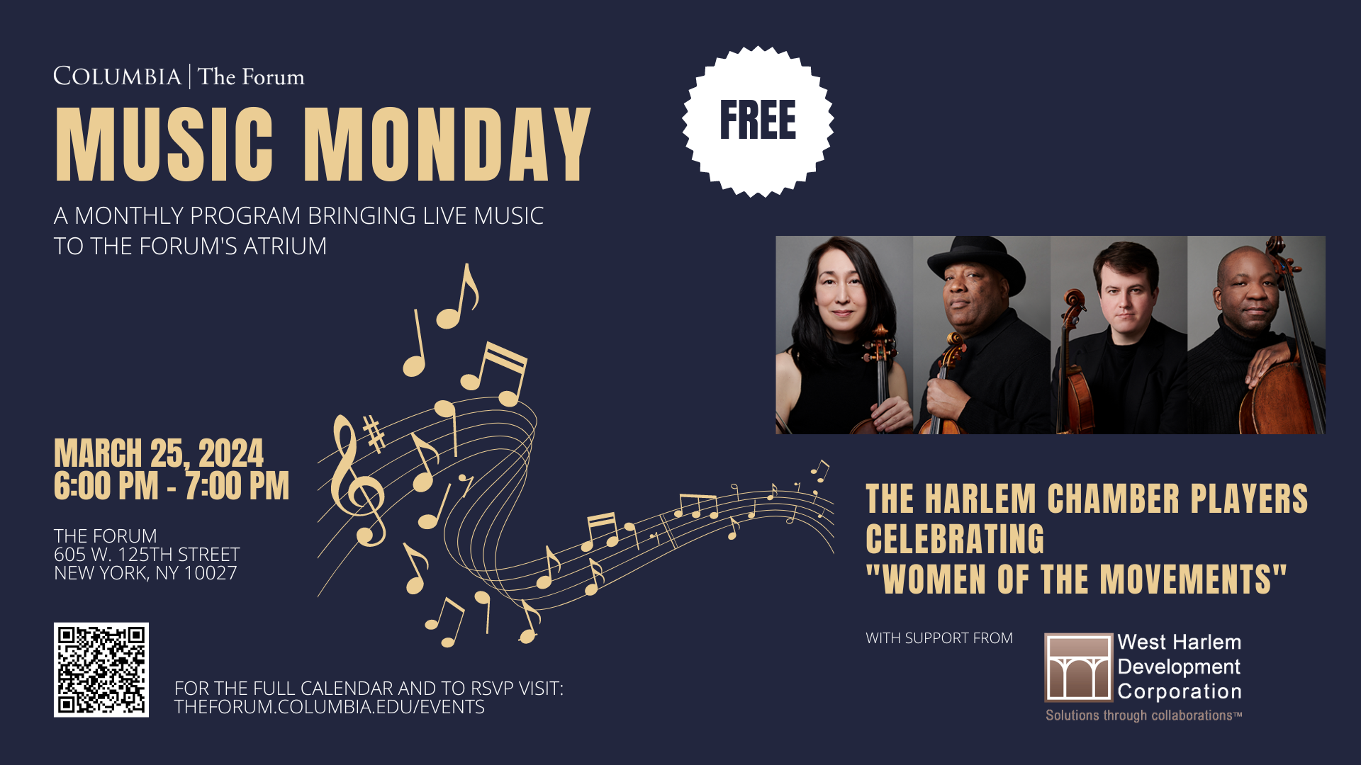 Music Monday Flyer promoting Women of the Movements concert on March 25, 2024