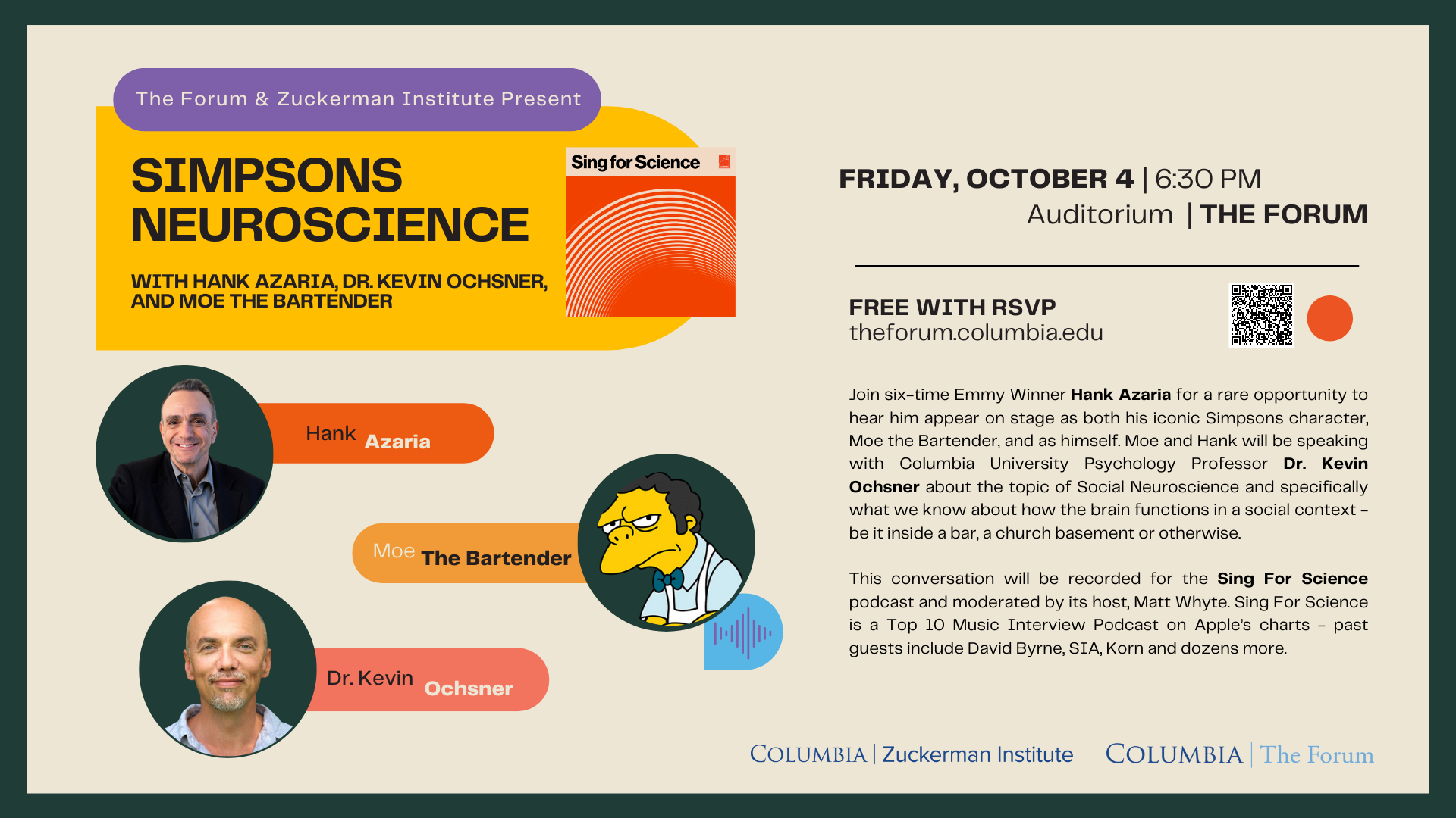 Flyer for Simpsons Neuroscience event at The Forum on October 4 with Hank Azaria