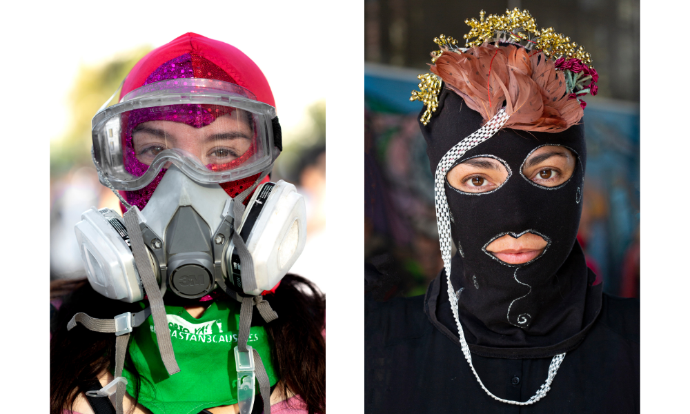 Two digital photographs from Eugenia Vargas-Pereira, each depicting a young woman. One wears a gas mask with clear eye goggles and a green t-shirt. The other wears a floral headpiece and a fitted black face mask with eye and mouth cutouts.