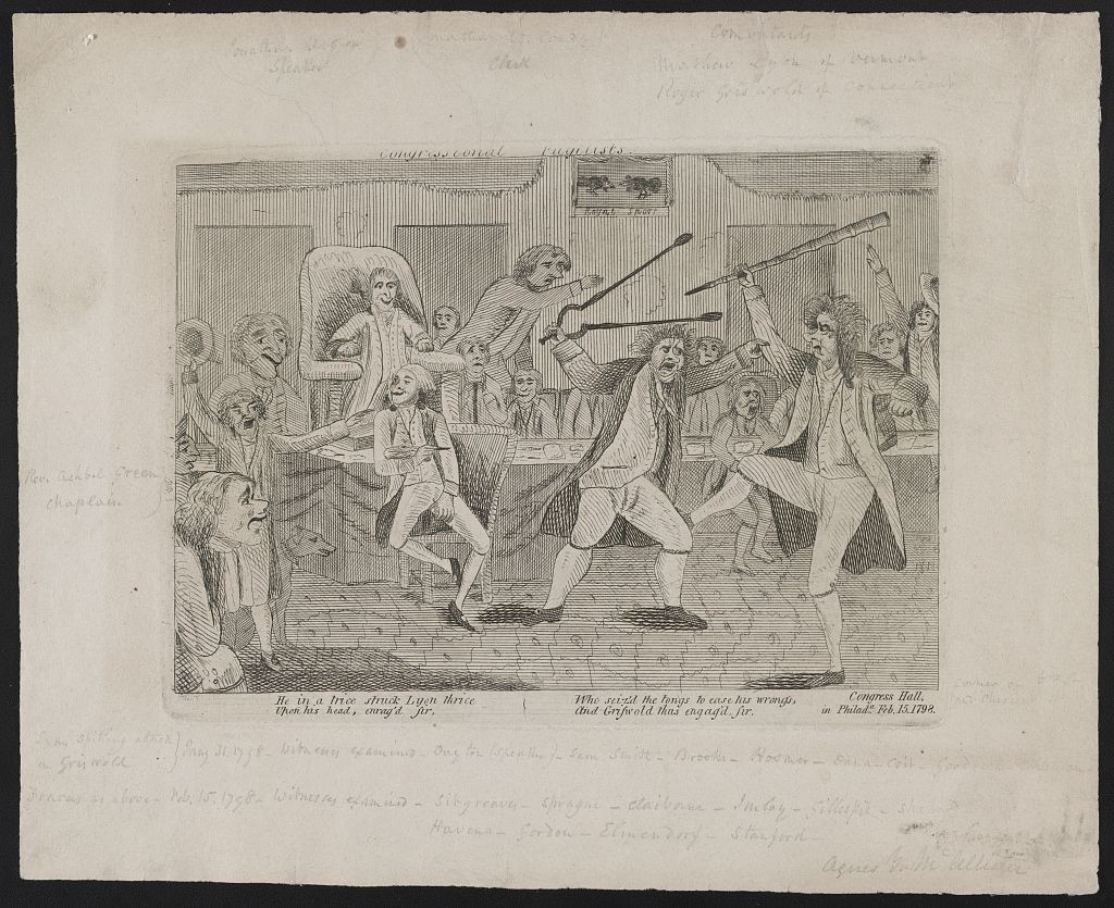 Political cartoon from 1798 by an unidentified artist depicting a fracas that broke out between two United States congressmen, Roger Griswold and Matthew Lyon, on the House floor. 
