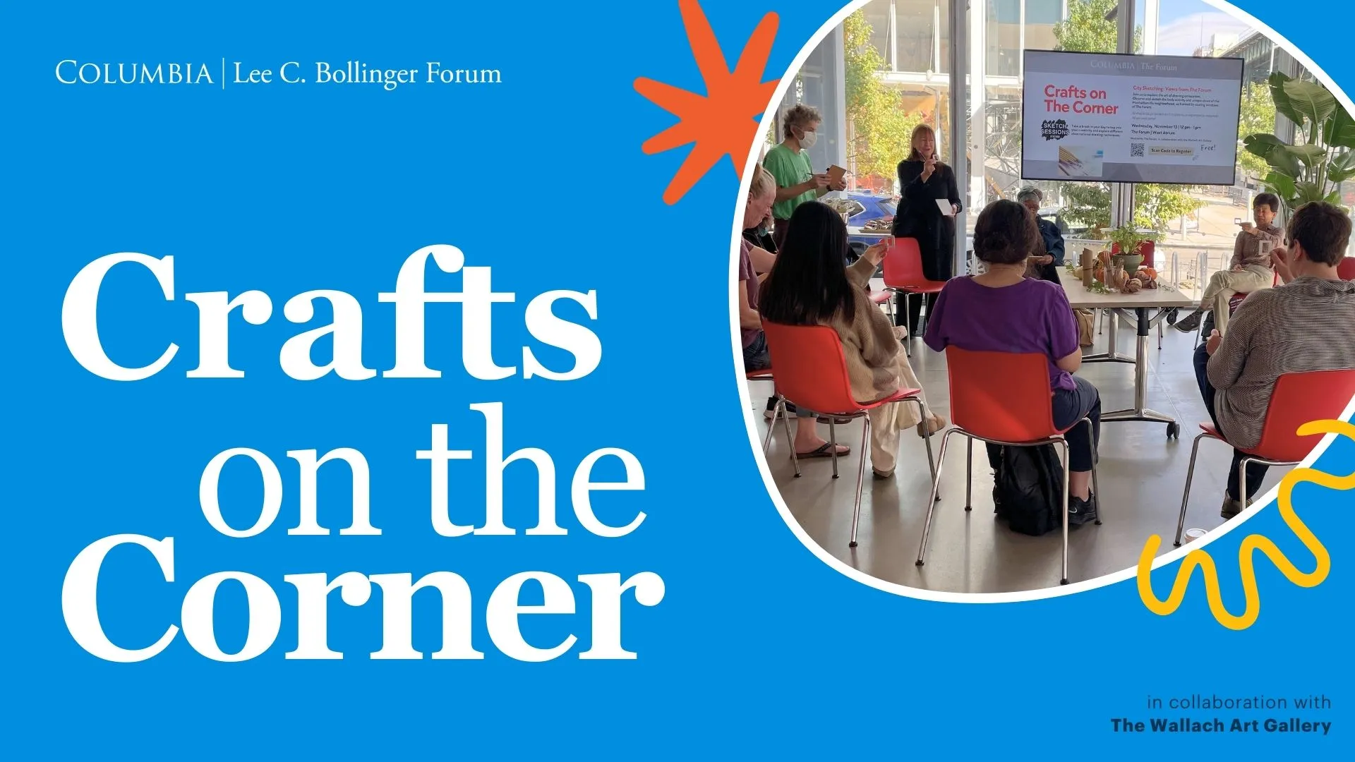 Crafts on The Corner logo with a photo of people sitting and sketching 