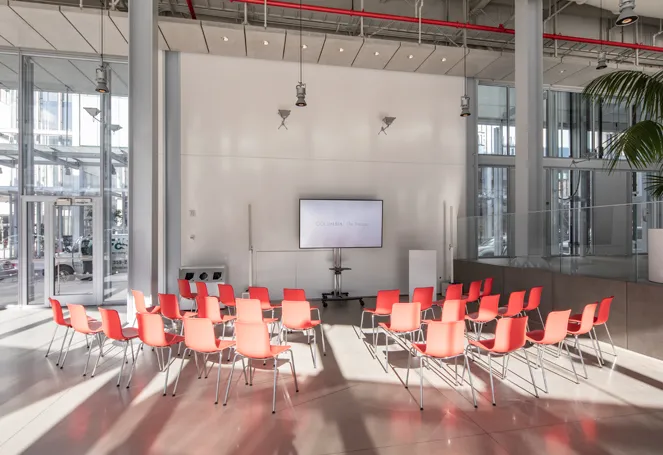 Theatre style seating with chairs arranged in rows in The Forum's alcove area in the atrium