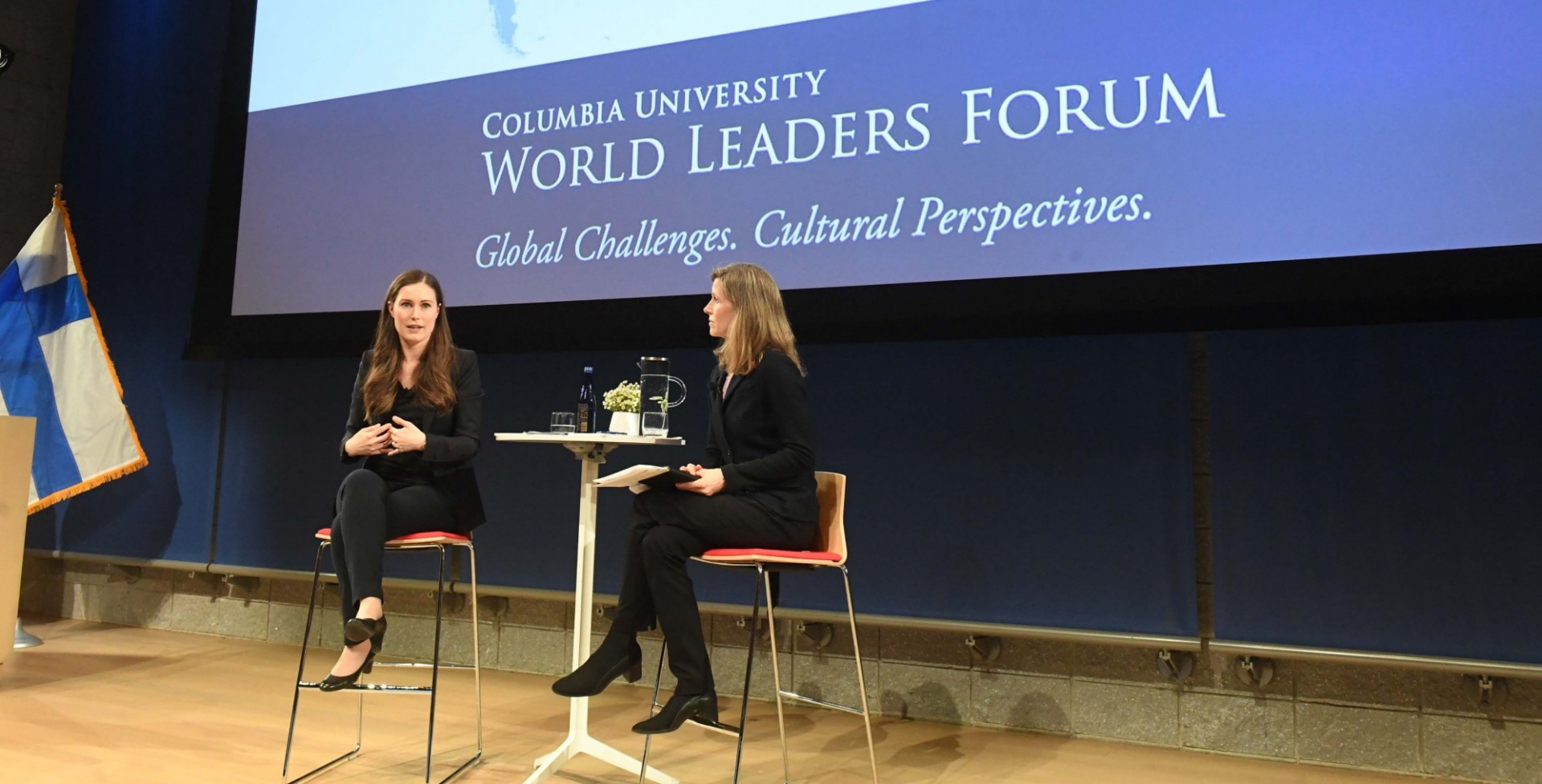 Auditorium: Hightop Interview Setup (Max. 2) Prime Minister of Finland Sanaa Marin speaks at a World Leaders Forum event