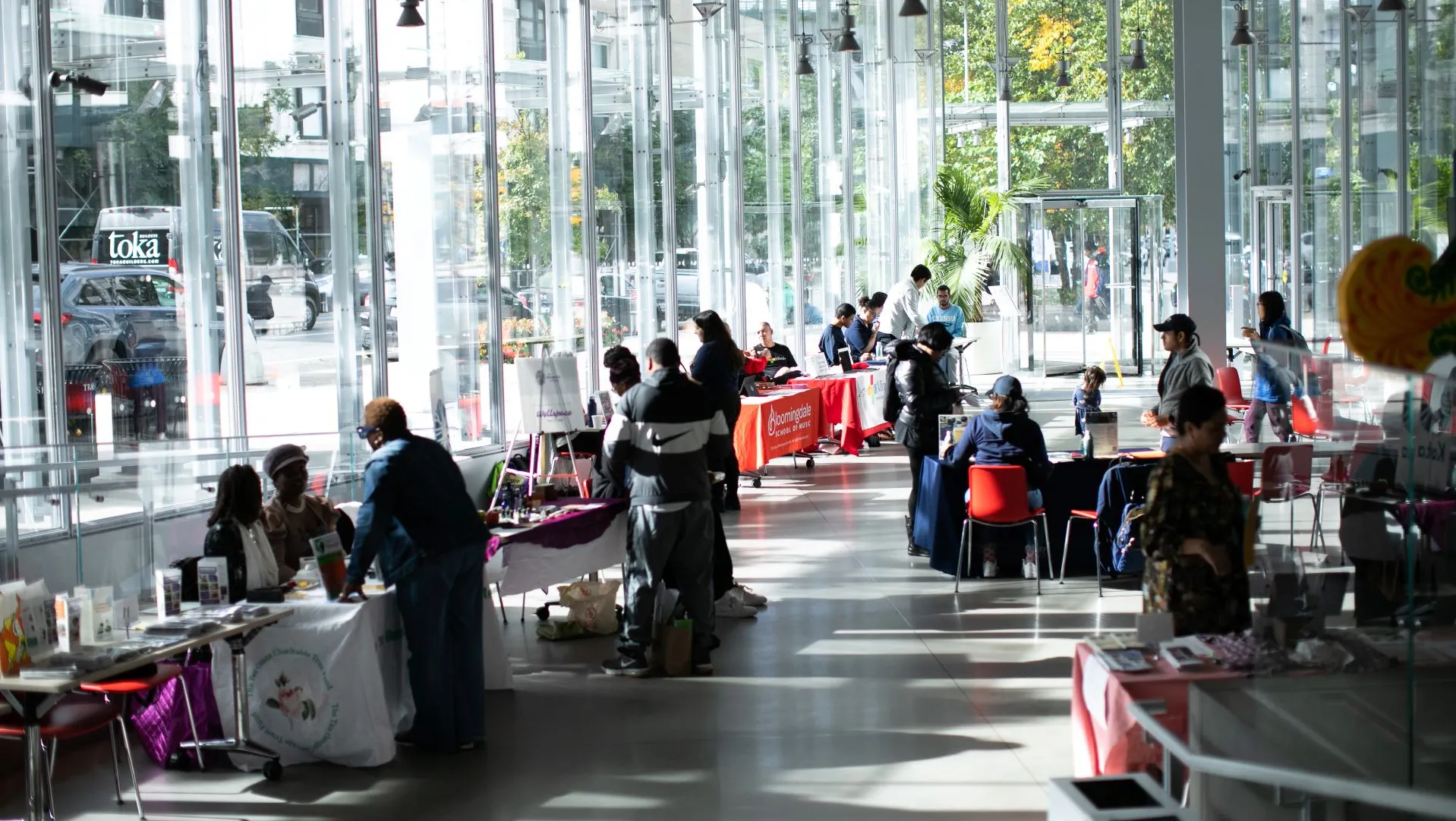 The Bollinger Forum atrium on Community Day with vendors set up