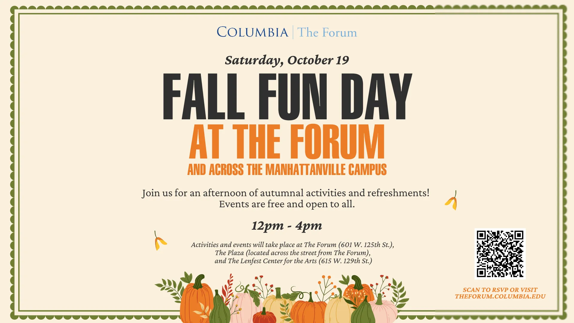 Flyer for Fall Fun Day at The Forum on October 19 from 12 to 4pm