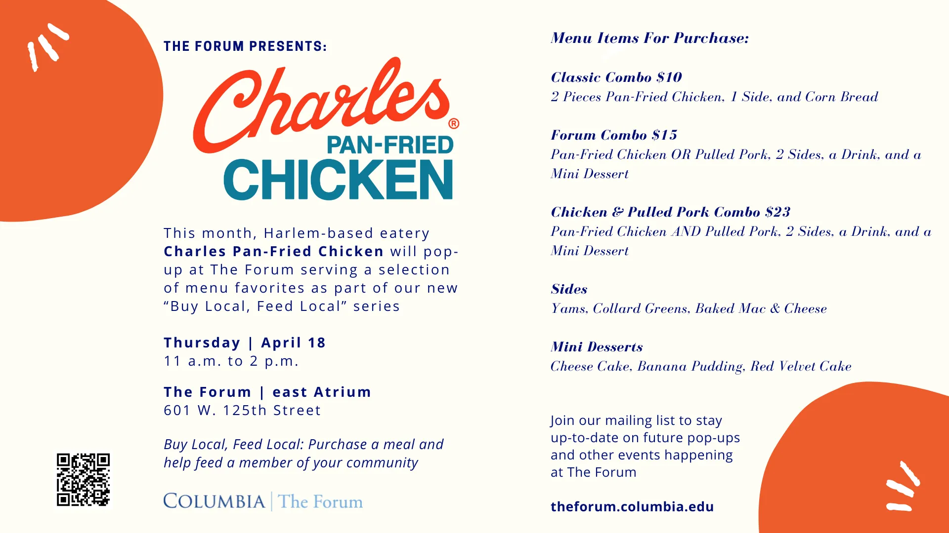 Flyer for Charles Pan-Fried Chicken Pop-up at The Forum