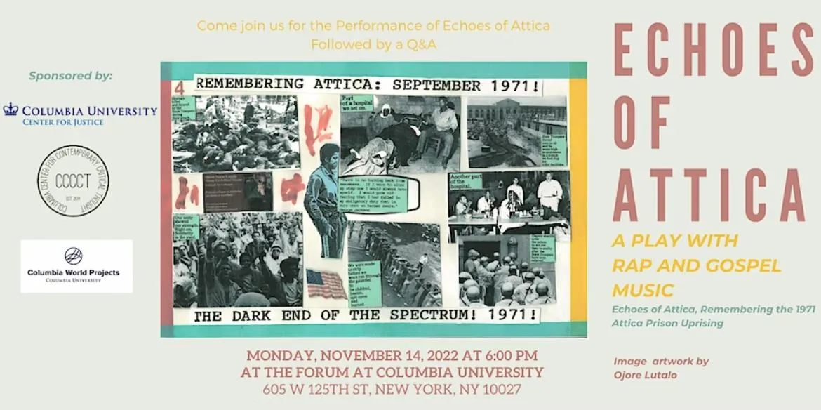 Echoes of Attica event flyer with collage archival newspaper images