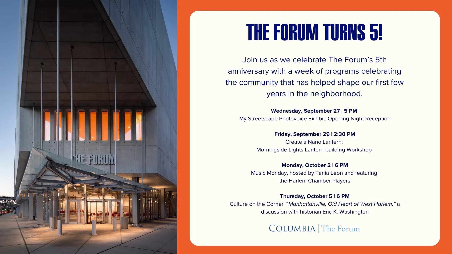 Flyer advertising the Forum's 5th anniversary schedule of events