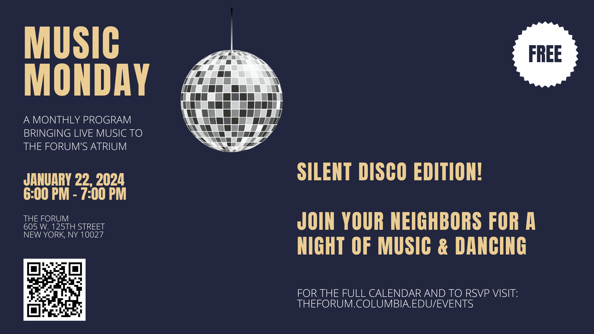 Flyer for Music Monday on January 22 featuring a disco ball
