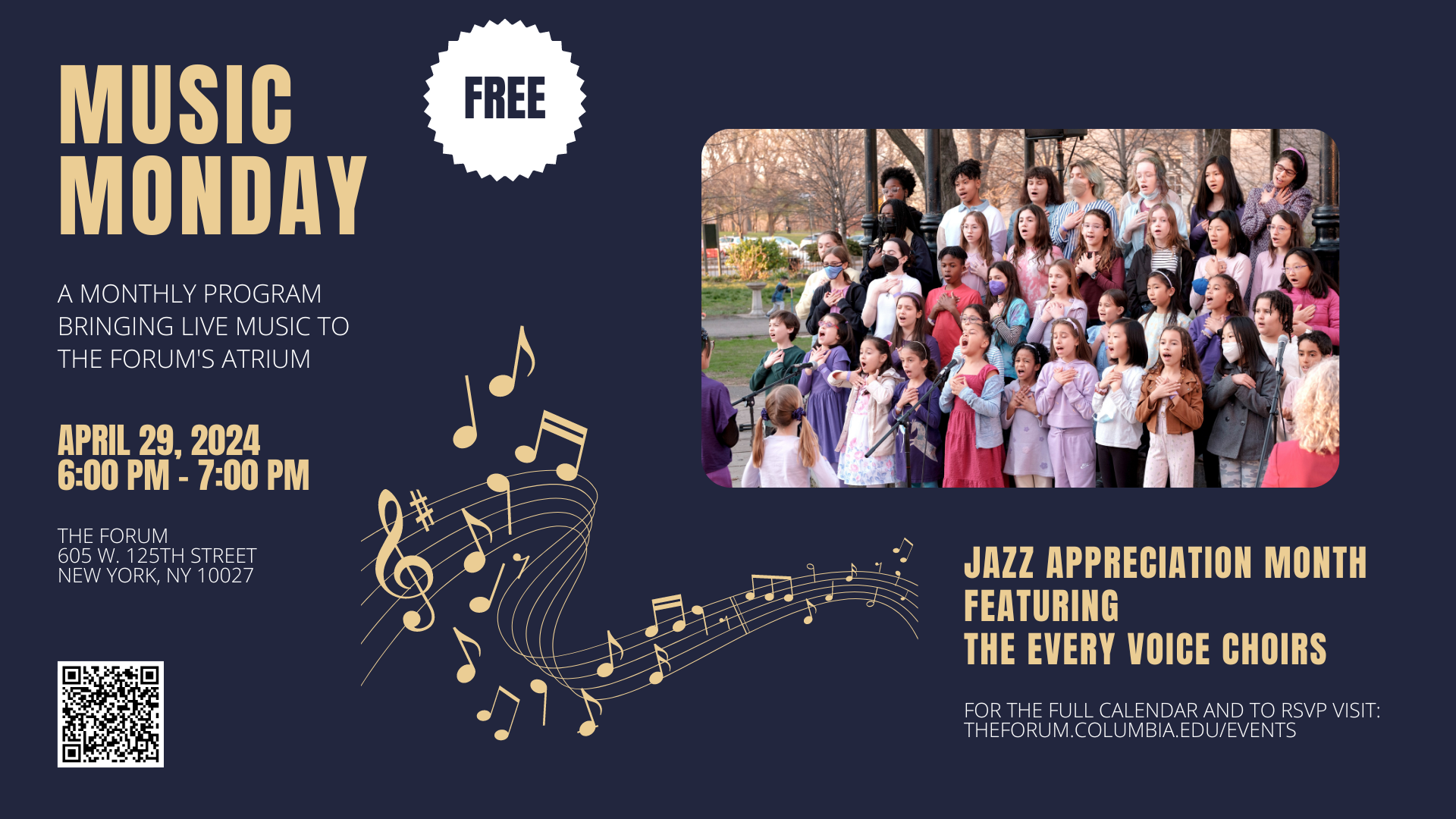 Flyer for Music Monday on April 29 featuring the Every Voice Choirs