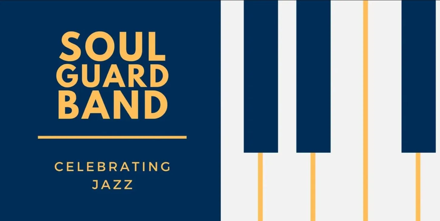 Soul Guard Band written in yellow text on a blue background next to a piano graphic
