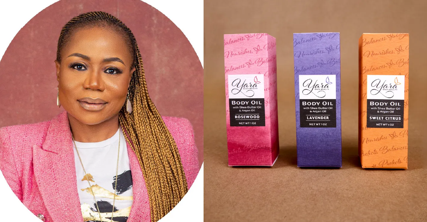yara shea beauty's founder Nguzo Ogbodo alongside an image of her products